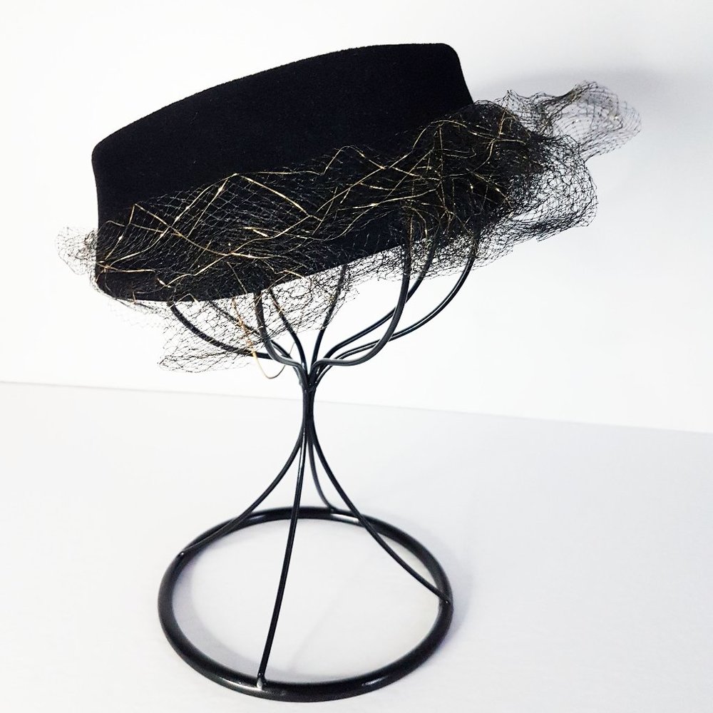 1960s Black Wool Veiled Half Hat, Mid-Century Black Louise Salvail Wool Hat